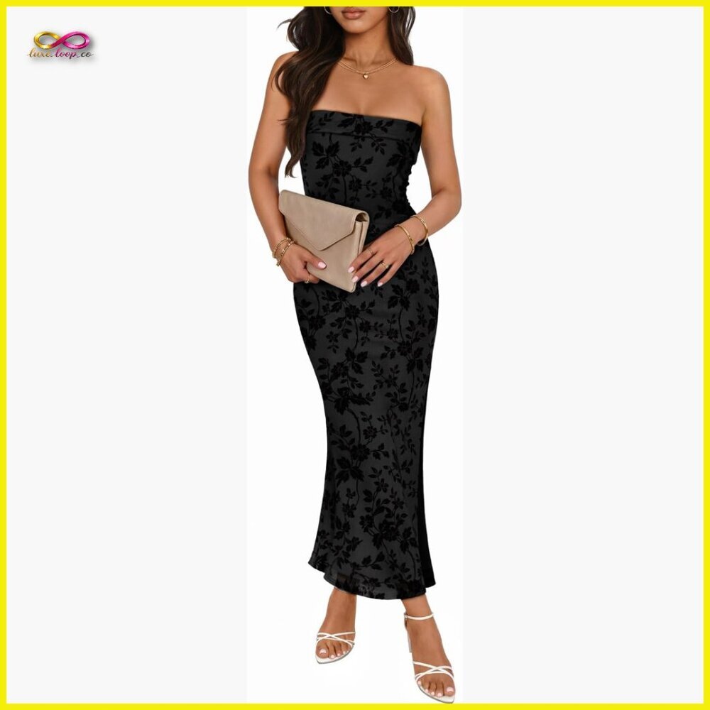 Floral Jacquard Mesh Strapless Maxi Dress Bodycon Cocktail Party Elegant